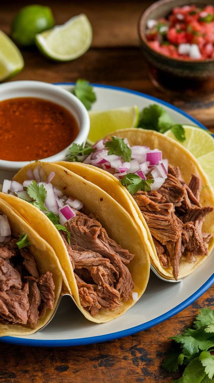 Delicious beef birria tacos served with consomé, garnished with onions and cilantro on a rustic table.